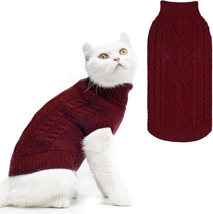PUPTECK Winter Cat Sweater Coat - Soft Warm Cold Weather Clothes Knitwear for Kittens & Small Dogs Indoor Outdoor Wearing, Knitted Classic for Doggies Kitties Girls Boys, Red, S