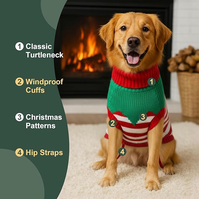 Dog Sweater Knitted for Small to Large Dogs Boy Girl, Classic Turtleneck Dog Christmas Sweaters, Warm & Soft Pet Clothes for Winter (Santa Stripe, L)