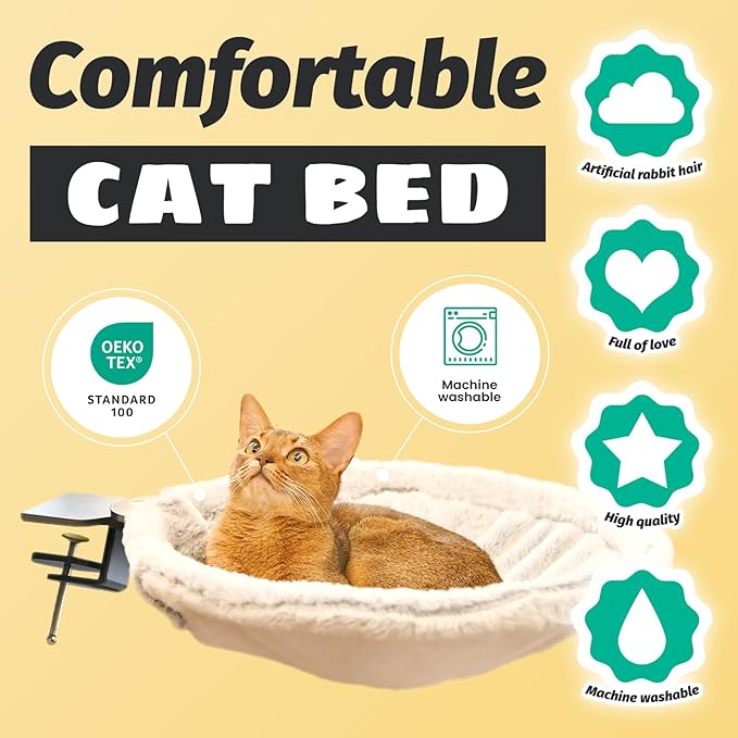Round Cat Desk Bed, Space-Saving Elevated Pet Hammock for 40lbs Cats & Kittens, All-Season Office Workspace Cat Bed, Sturdy Desk-Mounted Seat with Washable Breathable Fabric, 360 View