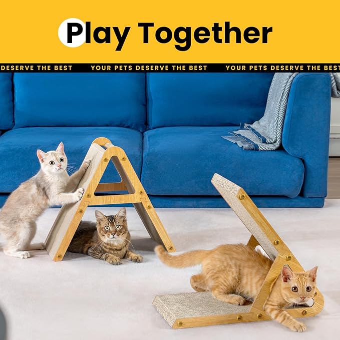 Conlun A-Frame Cat Scratching Board, Recycled Cardboard & Wood Frame, Dual-Sided Vertical Horizontal Cat Scratcher for Indoor Kittens, Ideal for Multiple Cats- 2 Pack, Light Wood, Small