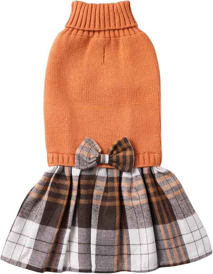 Lanyarco Orange Knitted Dog Sweater Dress, Plaid Fall Thanksgiving Dog Clothes for Dogs Girl, Dachshund Doggy Pet Dresses, Large (L)