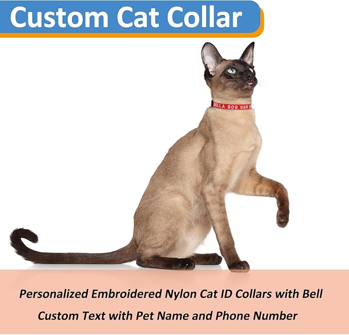 Personalized Cat Collars, Embroidered with Pet Name and Phone Number, Adjustable Nylon Breakaway Safety Release Buckle ID Collar,Custom Text with Bell for Cat or Kitten,Black
