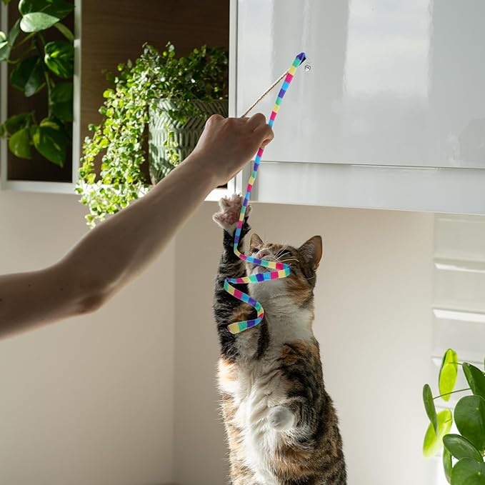 InnoHHustle 2 Pcs Interactive Cat Rainbow Wand Toys, Cat Teaser Wand and String Toy Colorful Ribbon Strong and Sturdy Pole with Small Bells for Indoor Cats and Kittens to Play Chase Exercise for Fun