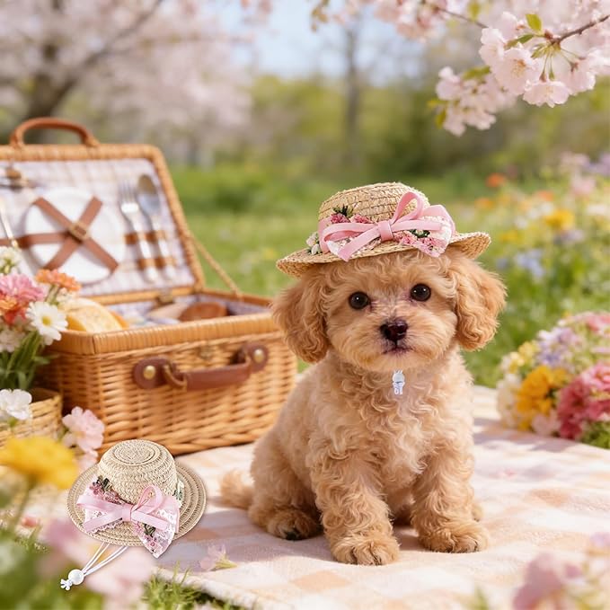 NACOCO Cat Hat Sunflower Straw Hat Handcrafted Rose Lovely Sun Cap Accessories for Small Dogs and Cats Photograph (S, Pink Flower Fairy)