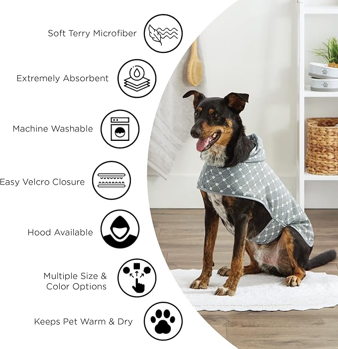 Bone Dry Pet Robe Collection, Embroidered Absorbent Microfiber Bath Robe with Adjustable Closure, for Dogs & Cats, Small, Gray