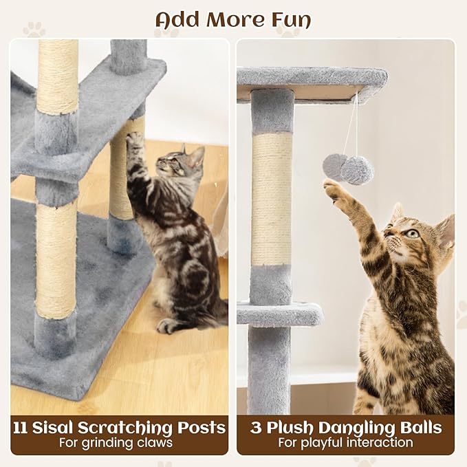 Tangkula 80 Inch Tall Cat Tree, Multi-Level Cat Tower with Sisal Scratching Posts, 2 Condos, Plush Perch, Hammock, Basket, Dangling Toys, Cat Climbing Furniture for Indoor Cats (Light Gray)