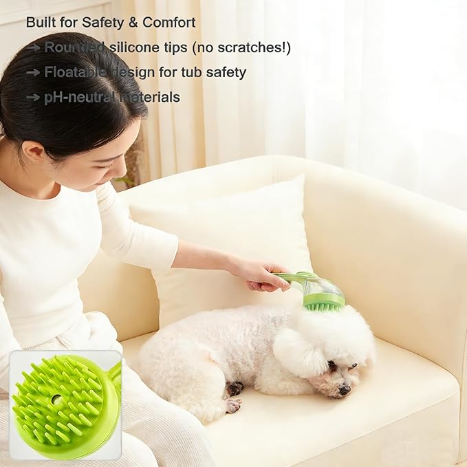 Pet Bath Brush with Shampoo Dispenser - Silicone Massage Grooming Tool for Cats & Dogs, Long Handle Dog Cat Bath Brush for Wet/Dry Use Green (ABS + Food-Grade Silicone, 7.5")