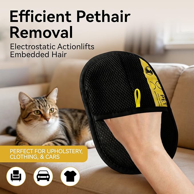 Pet Hair Remover Glove for Dogs and Cats 2 Pack Reusable Electrostatic 5 Finger Grooming Brush Tool Lint Catcher for Couch Clothing Car Seat