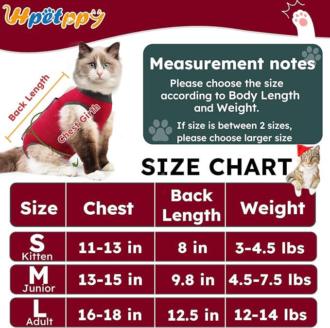 Hpetppy Cat Recovery Suit After Surgery, Breathable Cat Surgery Recovery Suit for Spay Abdominal Wounds or Skin Diseases, E-Collar Alternative Wear for Small Male Female Pets (Red,L)