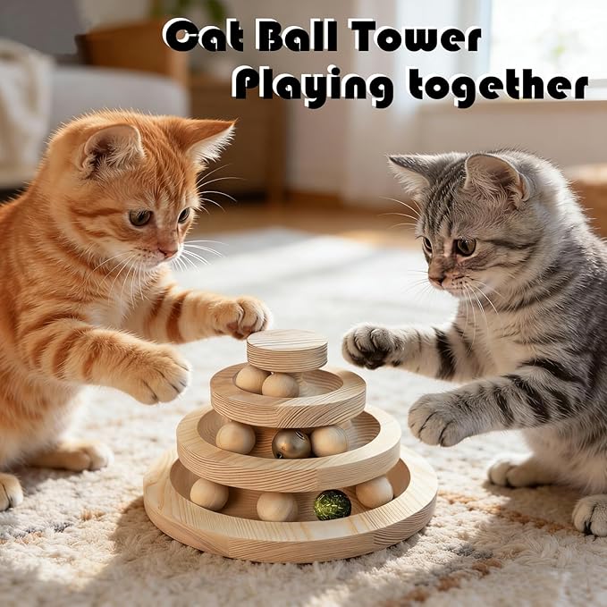 Wooden Cat Toy Ball Track Interactive Cat Toys for Indoor Cats 3 Tier Cat Tower with 9 Removable Balls Bell Catnip Toys for Cats Mental Physical Exercise Kitten Toys Puzzle