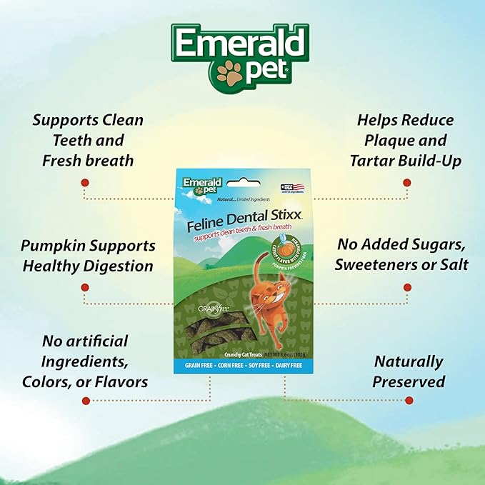 Emerald Pet Grain-Free Catnip Cat Dental Treats – Crunchy Dental Sticks for Cats to Clean Teeth, Reduce Plaque & Tartar, Freshen Breath – Pumpkin for Digestive Health, Natural Cat Chews, 3.6 oz