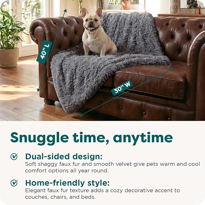 FurHaven Waterproof Throw Blanket For Dogs & Indoor Cats, Reversible Protective Pet Blanket, Medium, Long Faux Fur & Velvet, Gray