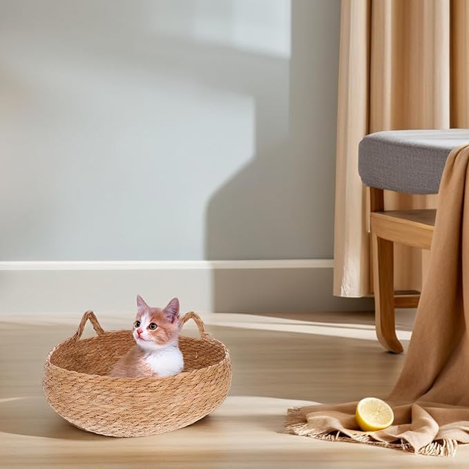 ORFOFE Small Pet Bed Woven Cat Nest with Straw Material Round Handwoven Cat Basket Bed for Indoor Use and Small Dogs Breathable
