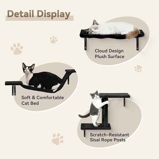 Meecal 6-in-1 Cat Wall Shelves, Wall-Mounted Cat Furniture for Indoor Kittens, Modern Floating Shelves with Scratching Posts, Bed, Perch, Bridge, Condo, Steps and Scratcher, Space-Saving Gym, Black