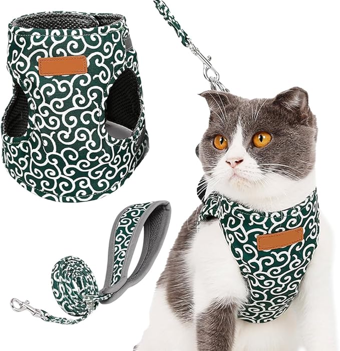 Cat Dogs Vest Harness and Leash Escape Proof, Soft Breathable Mesh and Comfortable Cat Harness and Leash Set, Anti Break Away Chest Strap Kitty Clothes for Travel Walking (Green, L)