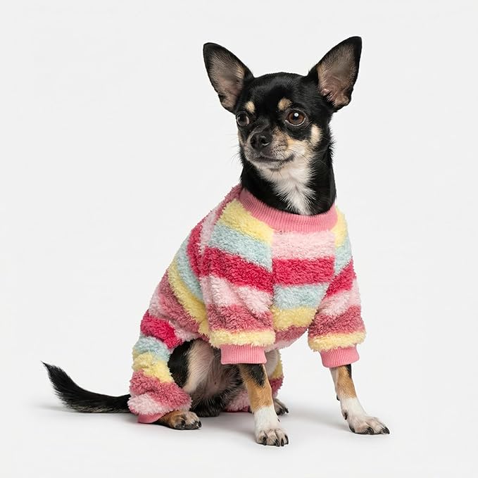 Fitwarm Fuzzy Striped Dog Fleece Pajamas, Warm Winter Clothes for Small Dogs Girl, Cozy Pet Outfit with Feet, Pink, Red, Yellow, Medium
