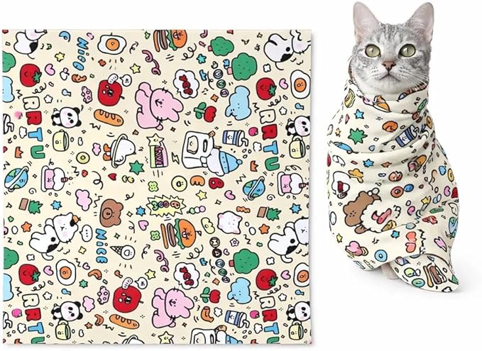 Cat Grooming Wrap for Nail Clipping, Self-Adhesive Cat Burrito Restraint Wrap, Anti-Scratch Cat Swaddle for Bathing, Soft Microfiber 70×70cm Fits Cats Up to 14lbs, Cartoon Doodle Print