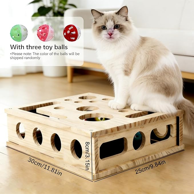 Cat Nail File Scratcher, Cats Claw Saver Box with 3 Balls, Large Solid Wood Construction Cat Nail File Enrichment Box with Sandpaper Inside,Alternative to Nail Clippers