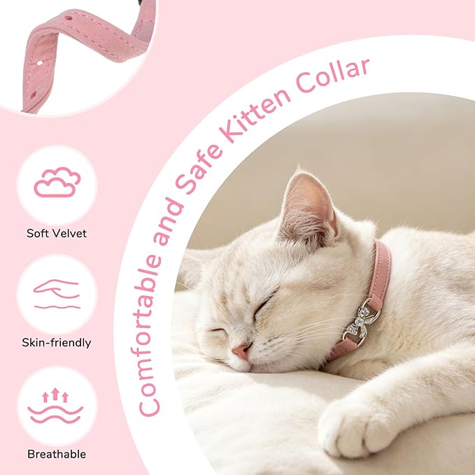 BINGPET Bling Cat Collar with Bells and Safety Belt,Adjustable Soft Velvet Kitten Collar with Diamond Bow,Cute Pink Cat Collars for Girl Cats(Pink, Neck Girth 8"-10")