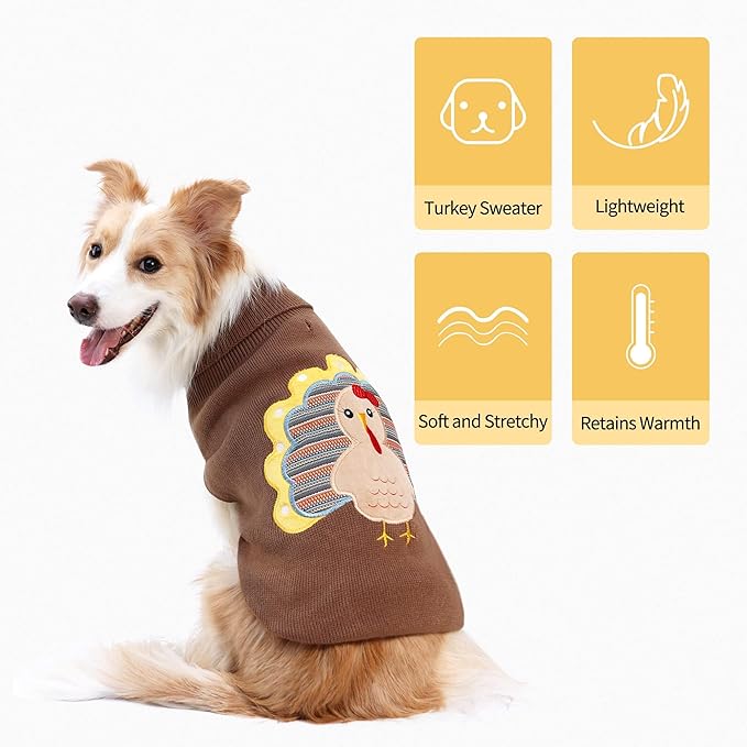 DELIFUR Thanksgiving Dog Sweater Dog Turkey Knit Sweater with Leash Hole Thanksgiving Outfit for Small Medium Dogs Fall Color (Brown1#, X-Large)
