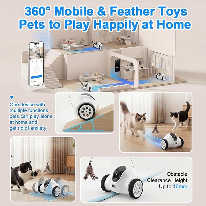 Pet Camera Indoor with Phone App, Robot Camera on Wheels, Cat and Dog Camera with Interactive Feather Toy, 2-Way Talk, Video Recording - Indoor Security & Companion