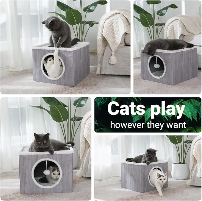 Cat Condo House with Reversible Cushions and Fluffy Ball Hanging, Foldable Cube, Large Cave Bed for Indoor Cats Kittens, Grey Wood Grain Pattern