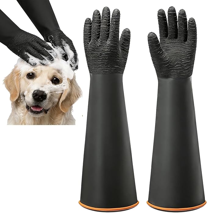 YOFANG 22" Extra Long Pet Grooming Gloves for Washing and Hair Removal,Double‑Sided Cat Bite-Proof Waterproof Brush Gloves,Suit for Short/Long Hair Pets,Black