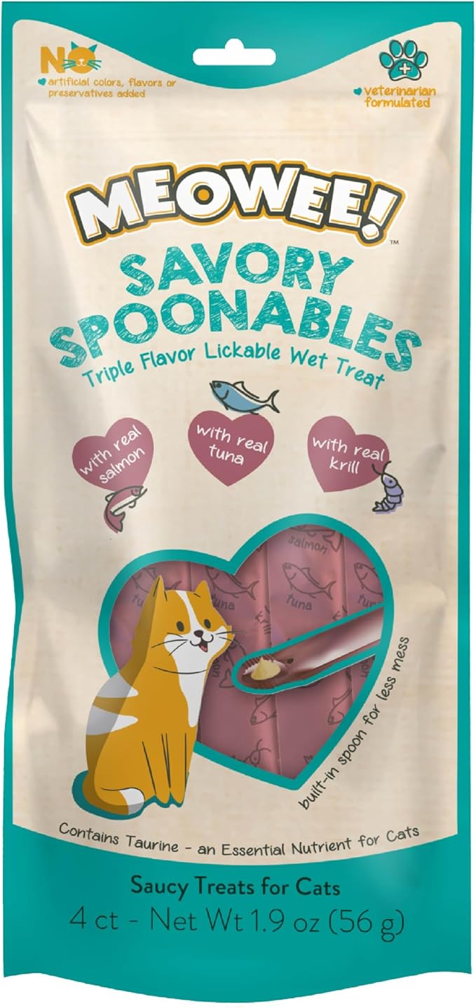 MEOWEE! Savory Spoonables with Real Salmon, Tuna and Krill for Cats, 4 Count, Treat Your Cat to Triple Flavor Squeezable Lickable Wet Treats with Built-in Spoon for Less Mess