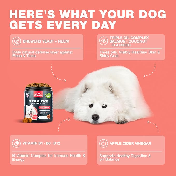 Dog Flea and Tick Treatment Chews - Flea and Tick Prevention for Dogs - Flea & Tick Chewables - Natural Dog Flea & Tick Control Soft Treats - Flea Chewables for Dogs - Immune Support Supplement