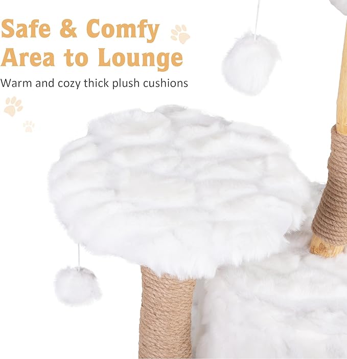 Cloud Cat Tree Aesthetic, Natural Wood Branch Cat Tree Tower with Large Condo, Soft Perches, Kitten Scratching Posts, Cat-Approved Modern Luxury Cat Tower, White