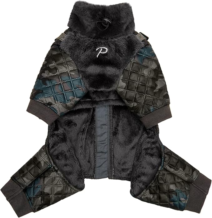 Puppia Bylur Mock Neck Full Zip up Warm Winter Jumpsuit with Integrated Harness for Small and Medium Dogs, Black, Large