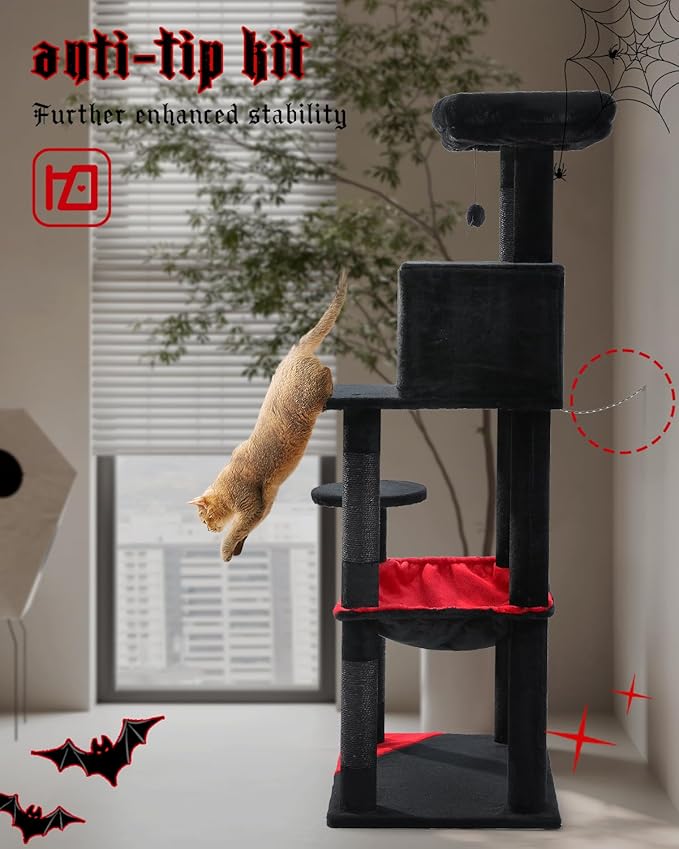 MUTTROS Gothic Cat Tree with Super Large Hammock, 56.3" Black Cat Tower with Coffin Bed, Cat Condo, Sisal Scratching Posts & Top Perch, Multi-Level Goth Cat Tree, Halloween, Black