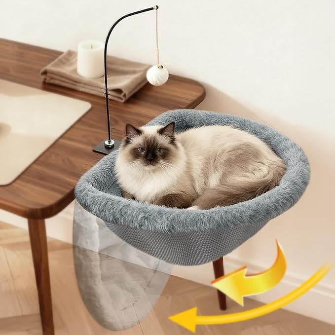 Cat Desk Bed - 17x18 in Cat Desk Perch for Remote Workers, Gamers and Office Staff - Desktop Suspended Cat's Bed (Holds up to 40 lb) - Foldable Cats Hammock Desk for Removable Cover and Toy Holder