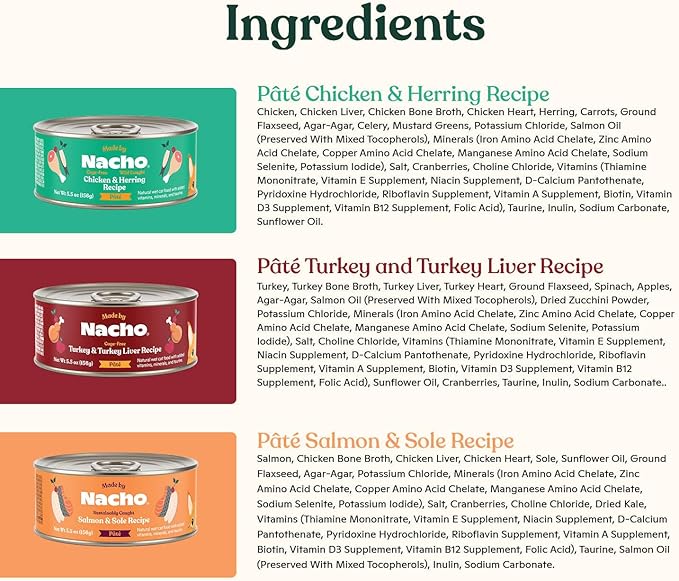 Made by Nacho Pate Wet Cat Food Variety Pack, Chicken, Salmon, and Turkey, 5.5 Ounce Cans, Grain-Free Canned Pet Food, Bone Broth Infused for Hydration, Limited Ingredients, 12 Pack