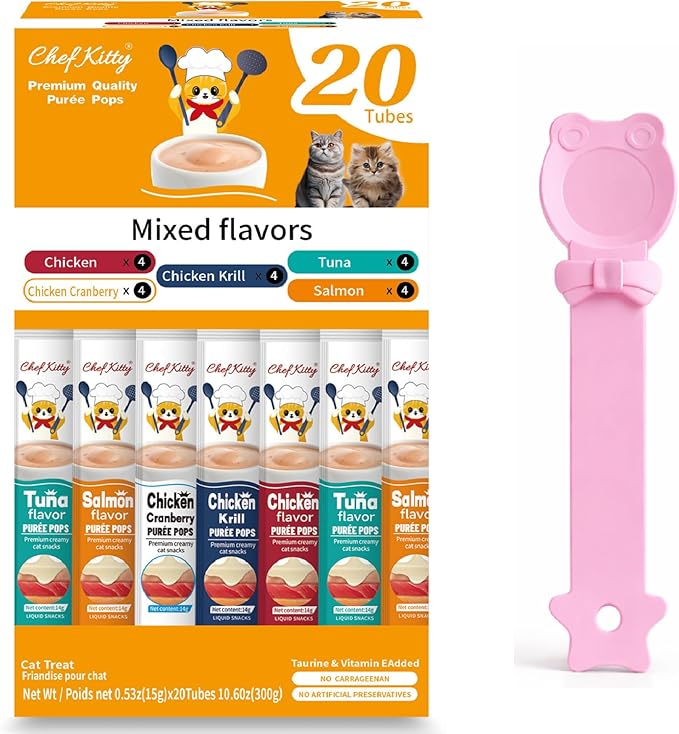 Purée Pops + Pink Feeding Spoon, Grain-Free, Lickable, Squeezable Creamy Cat Treat/Topper, 20 Tubes, Chicken and Seafood Mix Variety