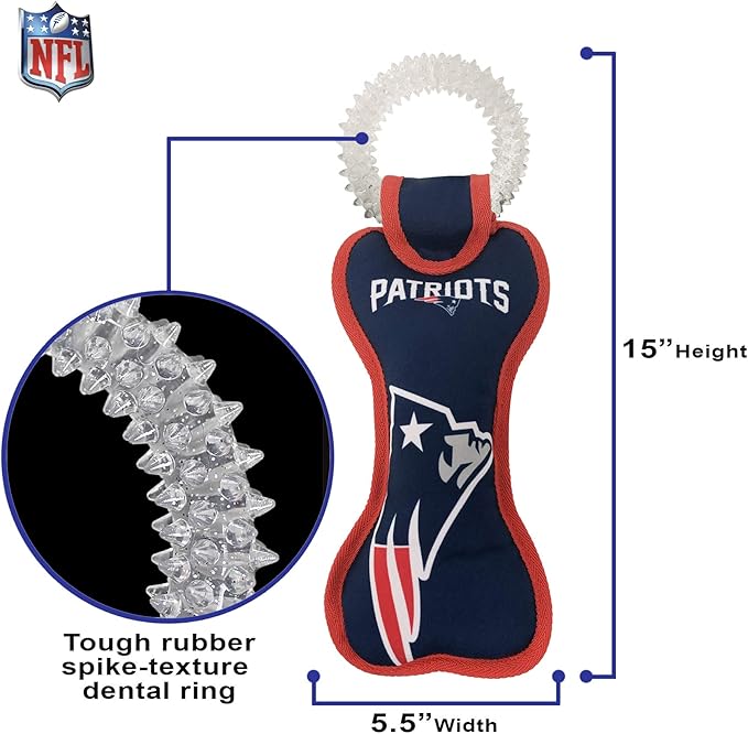Pets First NFL New England Patriots Dental Dog TUG Toy with Squeaker. Tough PET Toy for Healthy Fun, Teething & Cleaning Pet's Teeth & Gum.