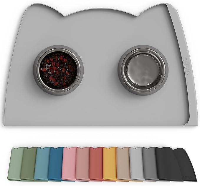 OHMO Dog Food Mat(Ash Light Grey, 24 * 15'') w/Residue Collection Pocket Silicone Pet Feeding Mat for Floor High Edges Anti Spills Waterproof Cat Water Bowl Tray, Easy Clean Placemat