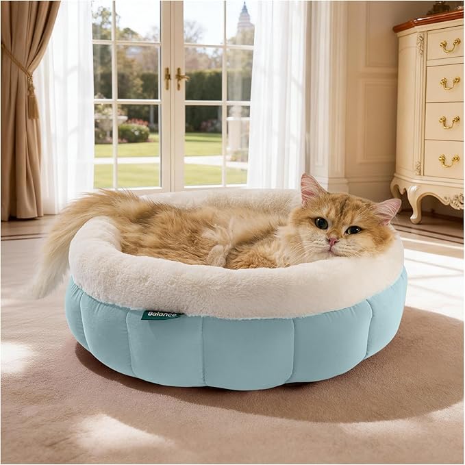 BALANCE Cat Beds for Indoor Cats, Washable Round Cat Bed, Cute Kitten Bed with Anti-Slip Bottom for Kitty and Puppy, 18 Inches, Dream Blue