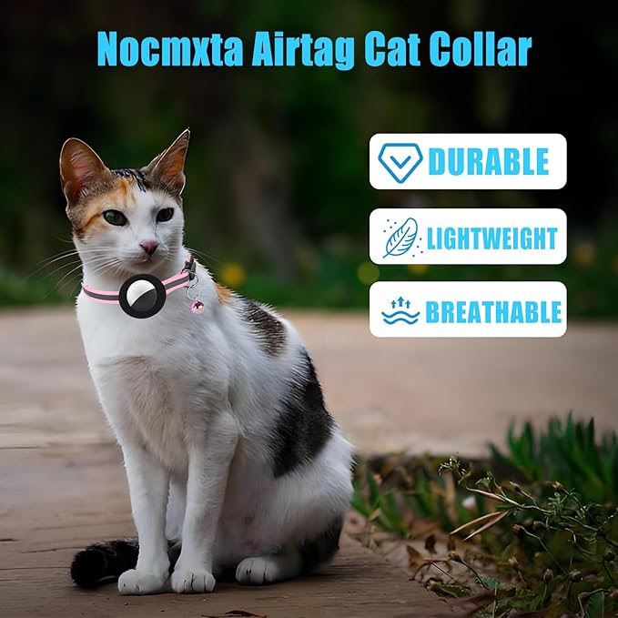 Reflective Cat Collar Fits for AirTag Holder, Breakaway Safety Buckle, Bell & Adjustable Strap for Cats Kittens - Compatible with Apple AirTag, Anti-Lost Pet Tracker Collar,Pink