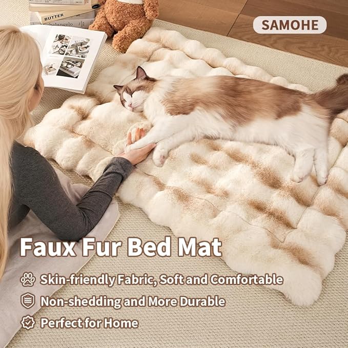 SOMAHE Cat Bed, Plush Faux Fur Kneading Flat Mat - Machine Washable Fluffy Pet Bed for Indoor Cats, Non-Slip Small Kitten Bed, Therapeutic Knead Cat Mat for Couch & Window Sill, 23"×15" Inch,Camel