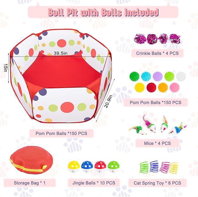 Cat Ball Pit with Balls for Cats, 176 Pcs Interactive Cat Toys for Bored Indoor Cats Self Play Cat Enrichment Toys for Fun and Exercise, Pom Pom Balls Jingle and Crinkle Ball, Springs and Mice toy