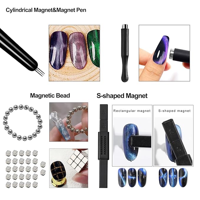 WOKOTO 60 PCS Cat Eye Magnet For Nails Multiple Style Nail Magnets For Nail Art Designs Magnets Beads Blocks Cat Eye Gel Nail Polish Magnets Nail Art Tools Pre-Design Nail Art Cat Eye Magnets