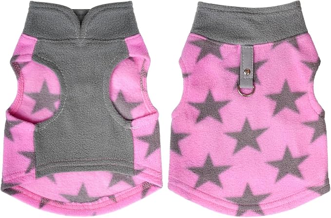 Rbenxia 2 Piece Grey and Pink Dog Heart Sweater with Leash Ring Soft Fleece Vest Dogs Pullover Warm Jacket Pet Dogs Clothes Winter Dog Outfits for Small Puppy Cat Pets (Small, Stars+Heart)