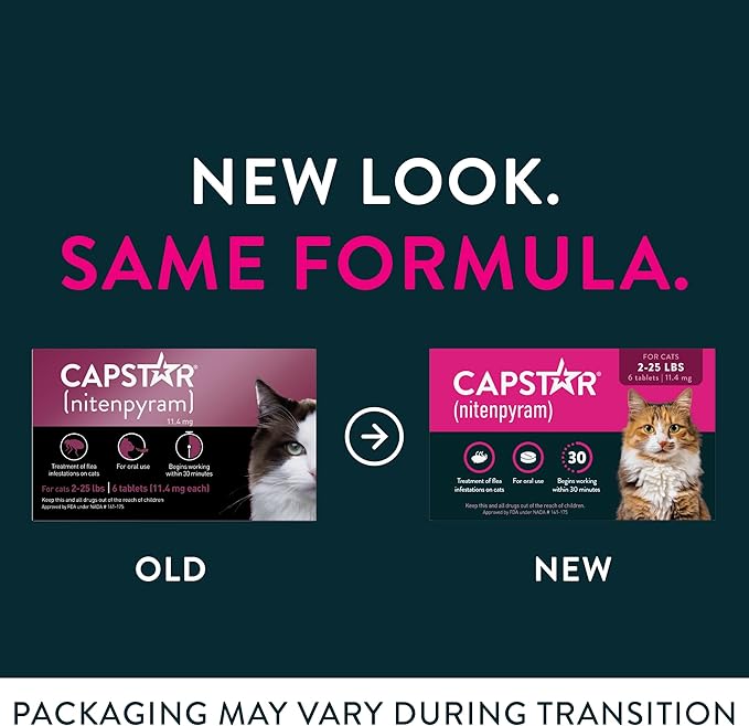 Capstar (nitenpyram) Cat Flea Treatment, Fast-Acting Oral Flea Treatment for Cats 2-25 lbs, Vet-Recommended Medication Tablets Start Killing in 30 Minutes, 12 Doses (Includes Two 6-Count Boxes)