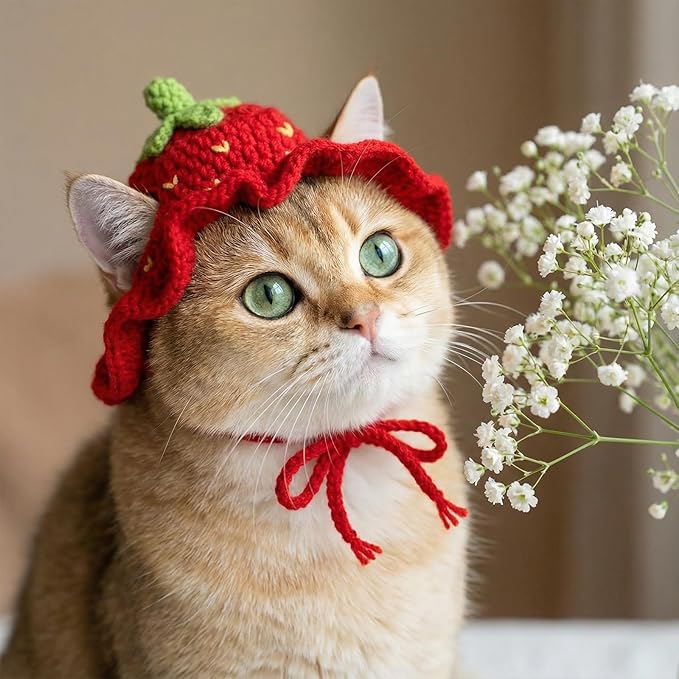 Thinp Strawberry Cat Hat, Cotton & Soft Cute Knitted Hats for Cats Crochet Cat Hat Birthday Holiday Party Christmas Knit Puppy Hats for Small Pets (Red, M)