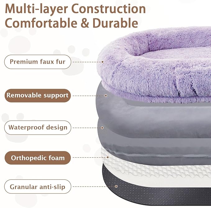 ROOMTEC Human Dog Bed, 71''x45''x12'' Size Fits Adult Pet Washable Oversize People Bed 10 CM Thick Memory Foam Large Giant Pet Bed with Plump Pillow, Blanket, Strap - Purple