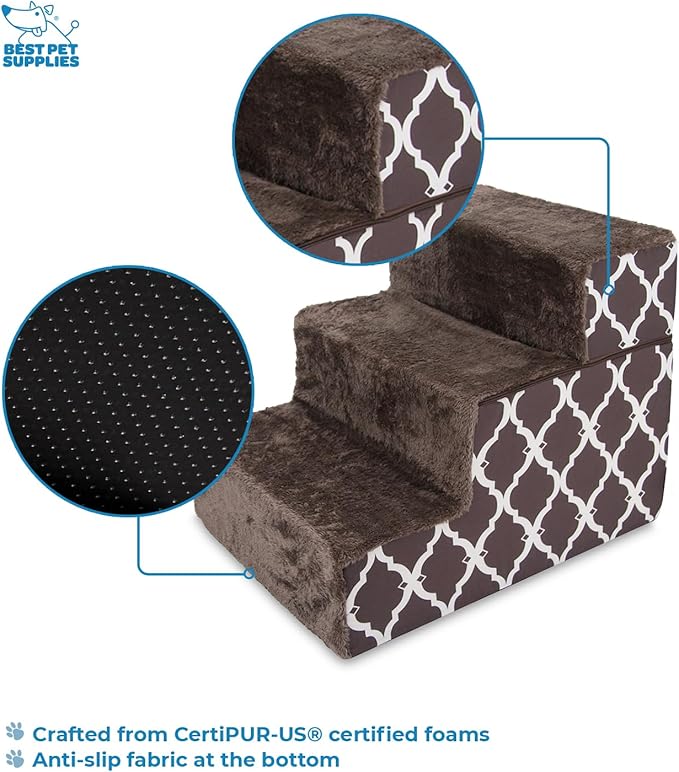 Best Pet Supplies Dog Stairs & Steps - Foam Steps for Small Dogs & Cats, Non-Slip Indoor Balanced Pet Step Support, Dog Ramp, No Assembly, Brown Lattice Print, Foldable 3-Step (16.5-inch Height)