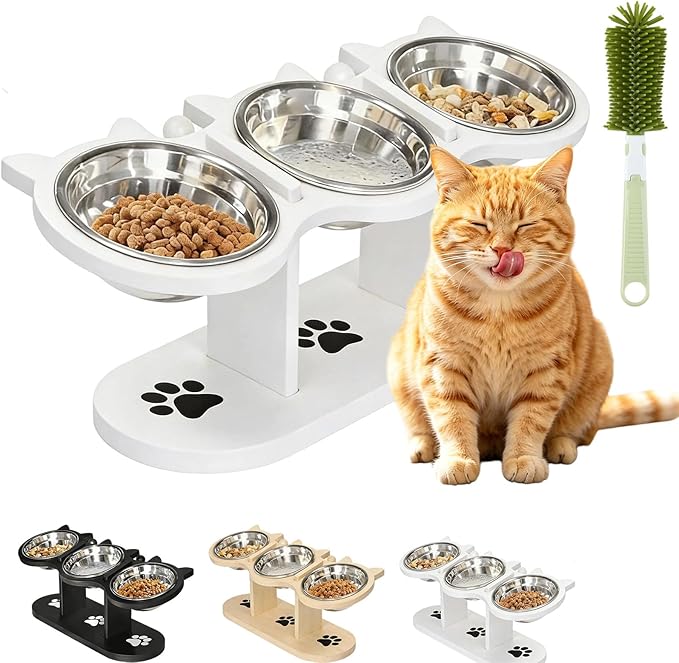 2026 New Anti-Slip Elevated 3-Bowl Pet Feeder, Cat Bowls With Stand Tilted, Stainlesssteel Cat Feeding Station, Ergonomic Elevated Cats Bowls With Wooden Base, Pet Feeding Station For Food & Water (D)