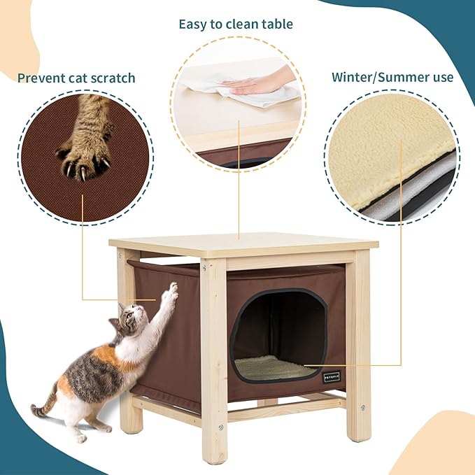 Petsfit Modern Indoor Cat House Furniture for Cats, Nightstand-Style Pet Bed with Removable Oxford Cloth Cover, Hanging Cat Cave with Thickened Top for Living Room/Bedroom Wooden Brown