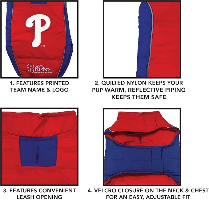 MLB Philadelphia Phillies Puffer Vest for Dogs & Cats, Size Large. Warm, Cozy, & Waterproof Dog Coat, for Small & Large Dogs/Cats. Best MLB Licensed PET Warming Sports Jacket